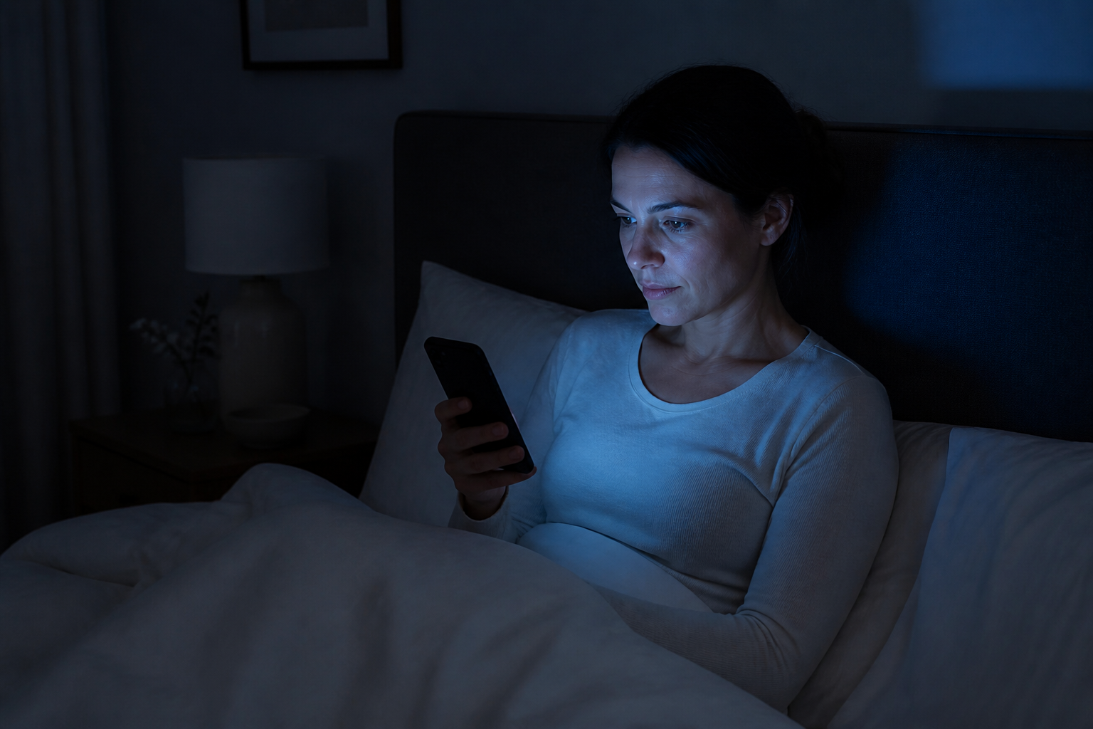 Volwassen vrouw die 's avonds in bed naar een onherkenbare smartphone kijkt